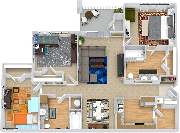 Floor plan for 3 beds, 2 baths, 1268 sqft